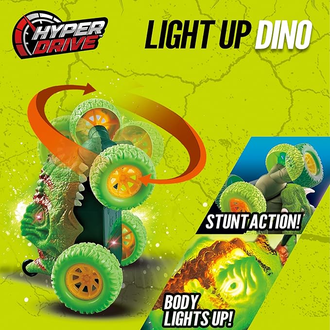 Hyper Drive RC Dinosaur Stunt Car - 360 Rolling Twister Light-Up Action Durable Remote-Control Toy for Boys and Girls Full-Function with Hand Controller Green