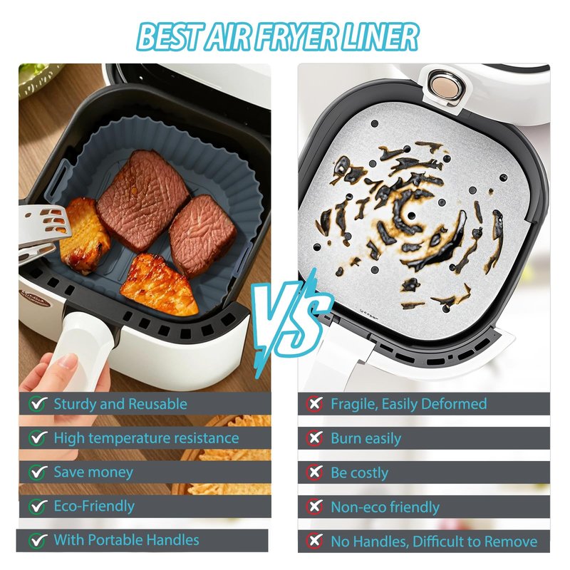 Komzon Silicone Air Fryer Liners Reusable 3 PCS, Airfryer Liners, Silicone Air Fryer Basket Liners Square, Food Grade AirFryer Accessories 4-7 QT, Ktchen Gadgets for Pot Oven Liner Baking Tray Pan