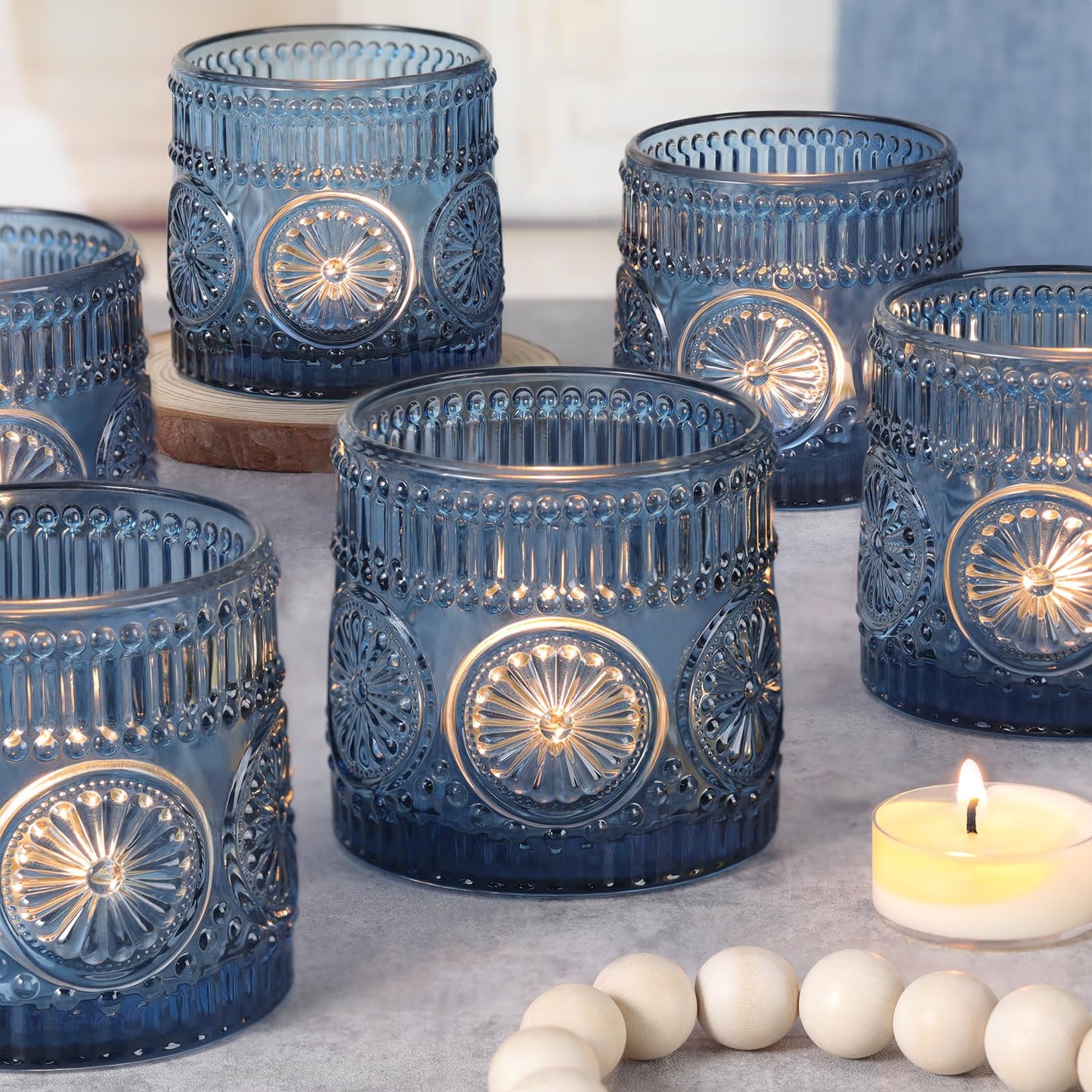 Sunnyfuture 6Pcs Large Votive Candle Holders Blue Glass Tealight Candle Holders for Wedding, Table Centerpiece, Party, Birthday, Home Decor