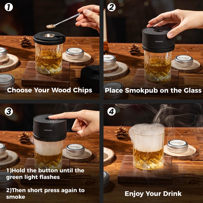 SMOKPUB Electric Whiskey Smoker Kit, Rechargeable Cocktail Smoker with 6 Wood Chips, Flameless Heating System, Old Fashioned Drink Smoker Kit, Bourbon Whiskey Gifts for Men,Dad,Husband