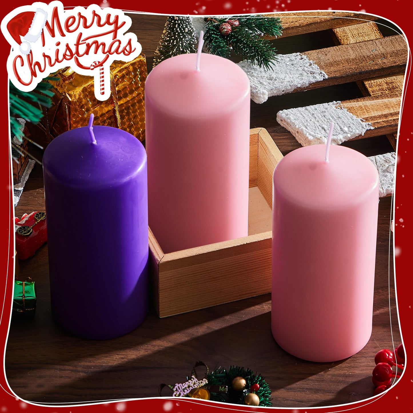 Amylove 8 Pcs 3 x 4 Inch Advent Pillar Candles Set Pink Purple Christmas Unscented Lasting Burning Church Candles for Advent Wreath Holiday Gifting