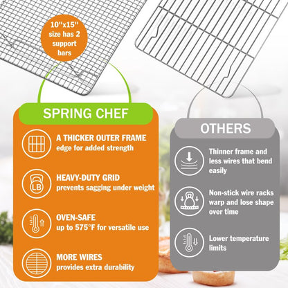 Spring Chef 10 x 15 Inch Stainless Steel Cooling Rack for Cooking & Baking - Heavy Duty Cookie Cooling Rack for Kitchen - Oven Safe - Fits Jelly Roll Pan - Dishwasher Safe