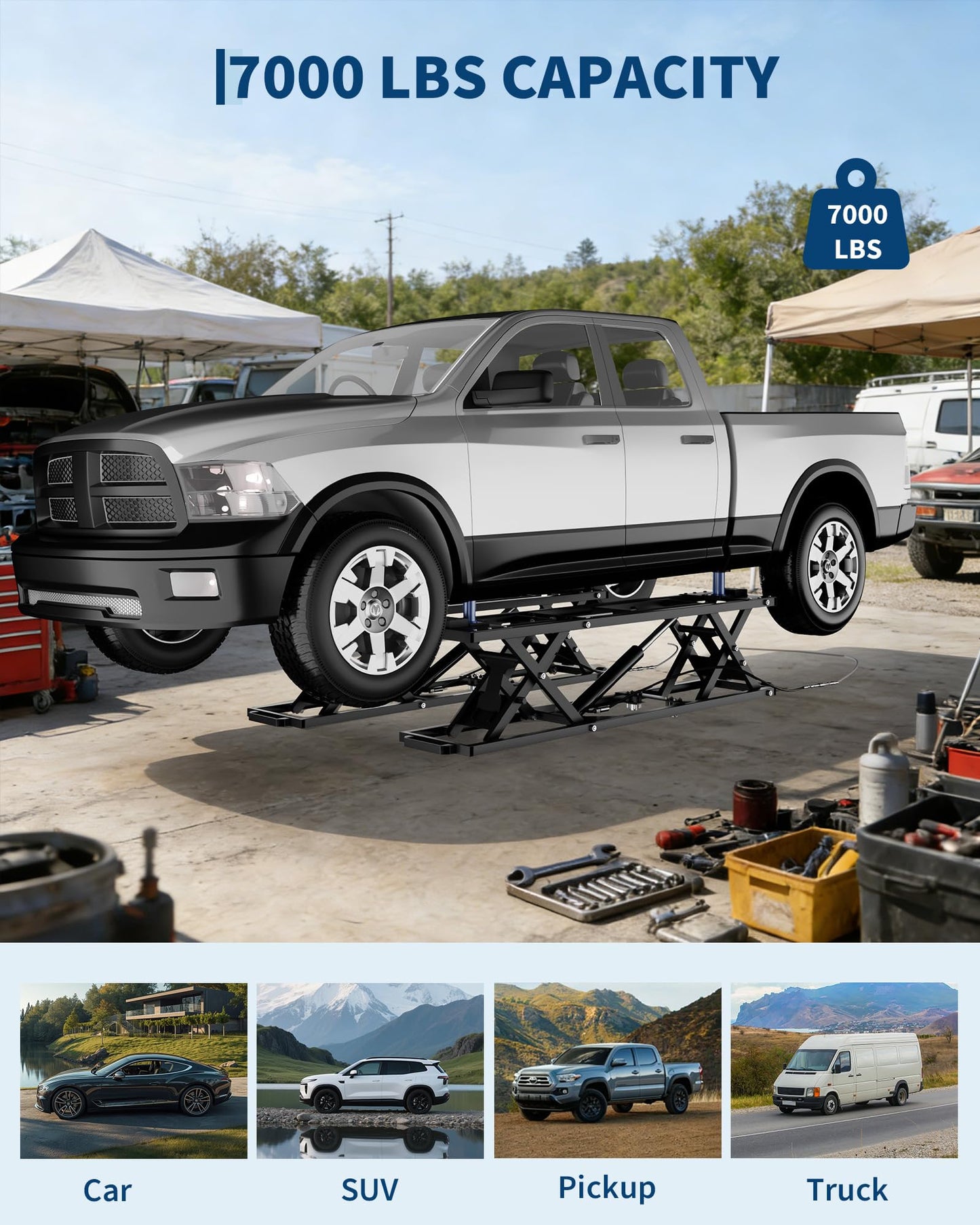 Garvee 7000 LBS Portable Car Lift, Heavy Duty Carbon Steel Truck Lift with 26.8" Max Lift Height, Adjustable Scissor Lift for Cars, SUVs & Light Trucks