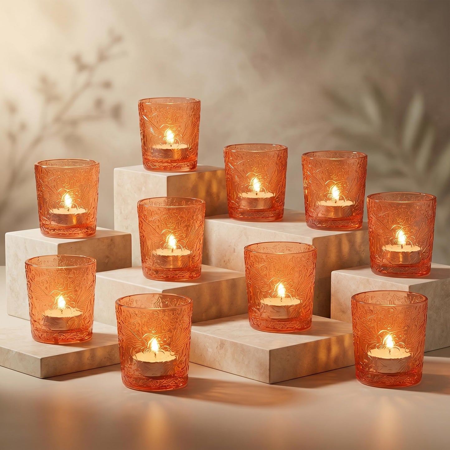 12 Pack Hummingbird Embossed Glass Candle Holders – Votive Tealight Holders with Patent Design, Decorative Embossed Glass Cups for Wedding Centerpieces, Parties, and Home Décor (Pumpkin Spice)
