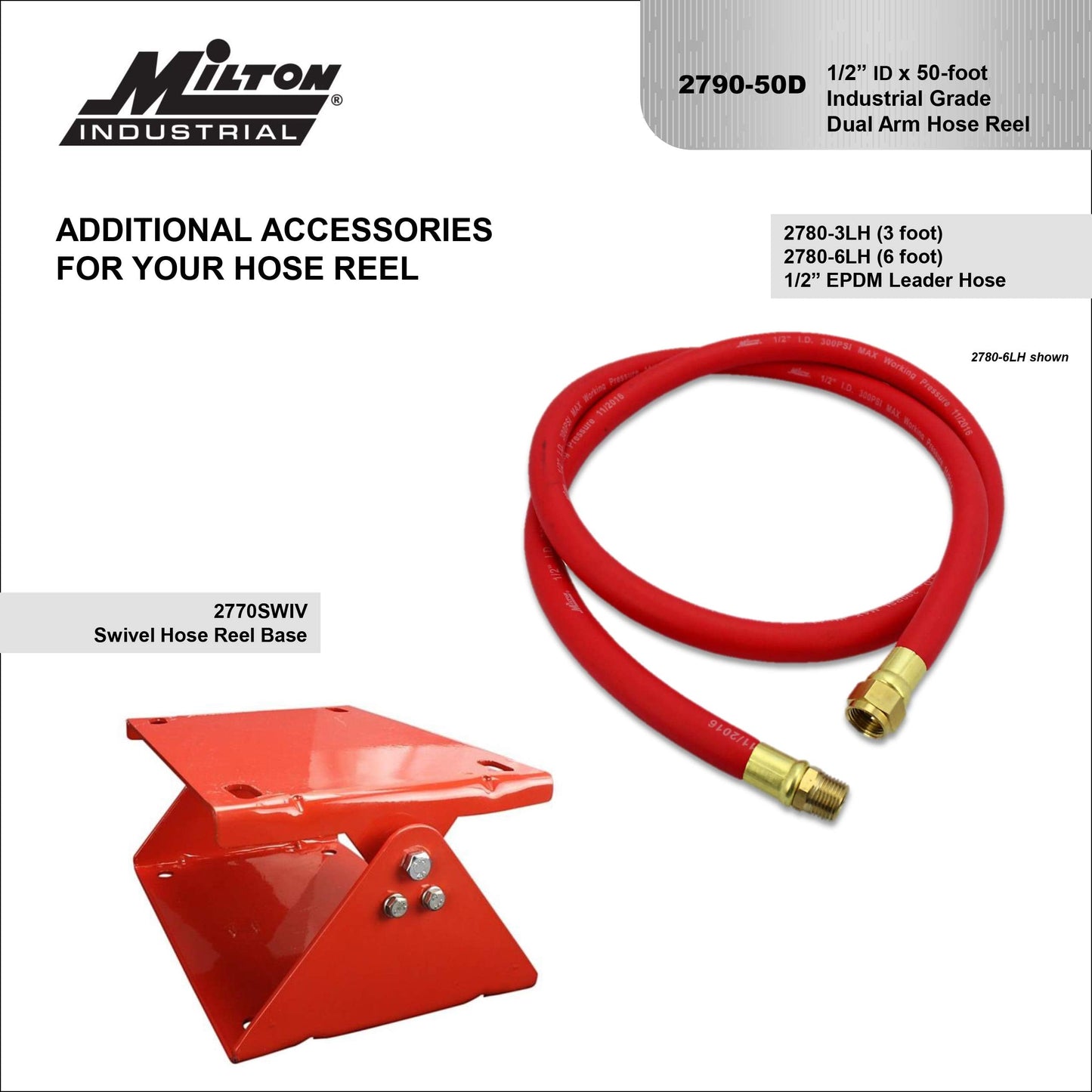 MILTON Industrial Hose Reel 2790-50D, Auto Retractable, Chemical Resistant, Prevent Cracking, Flexible in Extreme Conditions,1/2” Hose ID, 50 Foot Rubber Hose, 300 PSI Max Pressure,1/2" Male NPT, Red