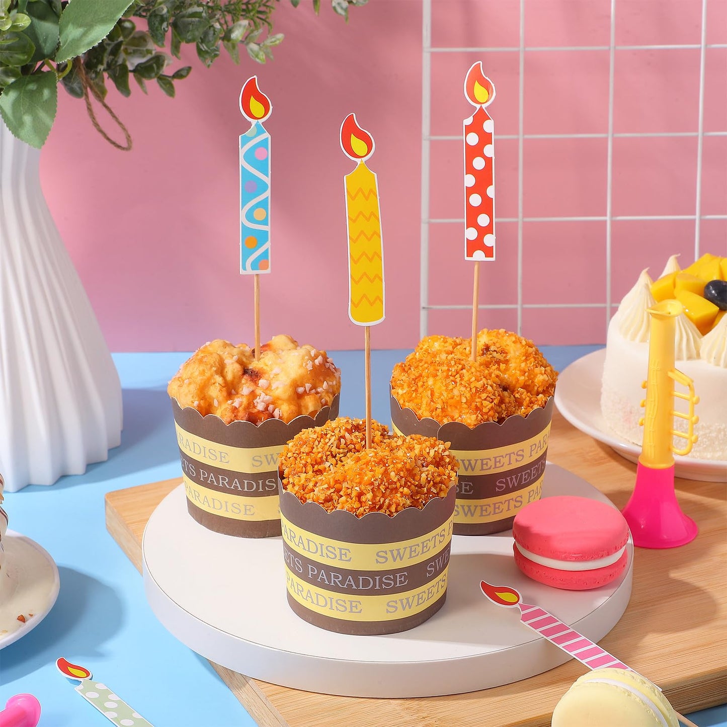 Veemoon 40pcs Birthday Cake Paper Candles Decoration Happy Birthday Cake Diy Topper Accessories Cupcake Flameless Candles Decor for Weeding Anniversary Birhday Festival Party Celebration