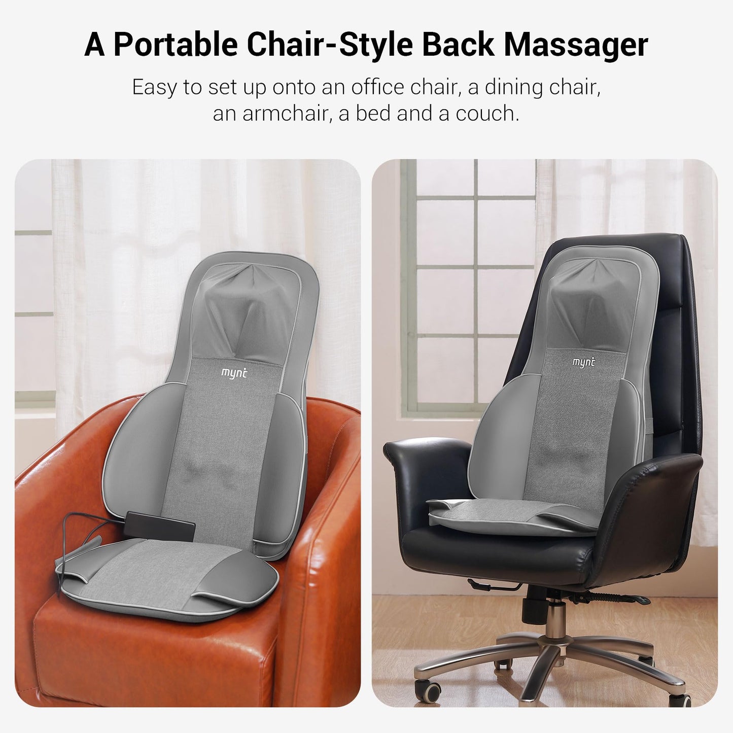 Mynt FSA HSA Eligible 3D Shiatsu Neck and Back Massager for Chair with 10 Deep Kneading Nodes, Adjustable Gray Back Massage with Heat, Portable Massage Chair Pad, Gifts for Father Day