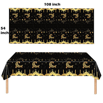 3 Pack Ramadan Decorations Ramadan Table Cloth, Black and Gold Eid Mubarak Tablecloth, 108x54 inch Ramadan Mubarak Table Cover, Ramadan Eid Decorations for Home, PE Plastic Disposable Tablecloth