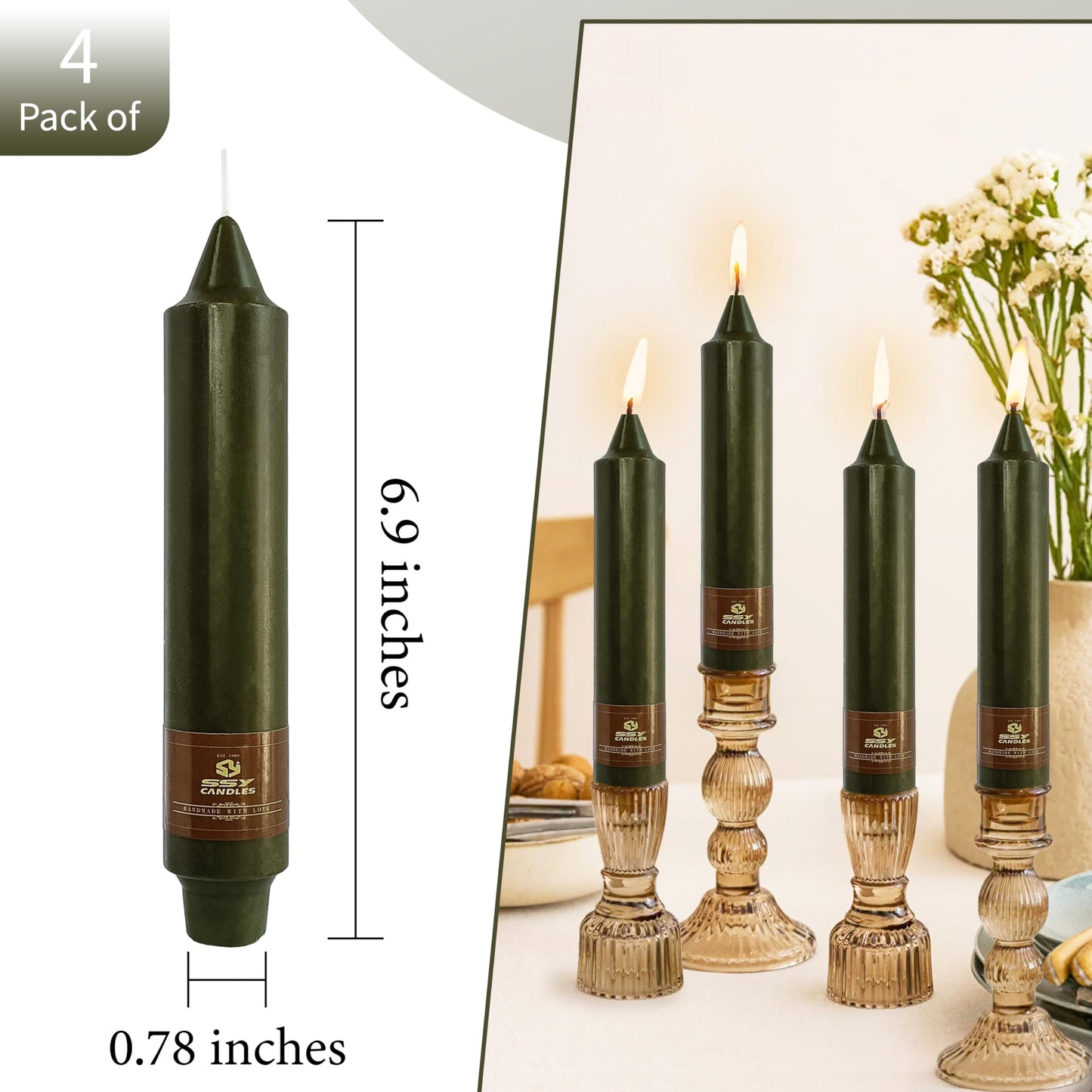 Olive Candles 4 PCS Taper Candle Unscented Tapered 7 inch Smokeless Candlesticks Candles Sticks Gift Idea Table Decor Housewarming Dinner