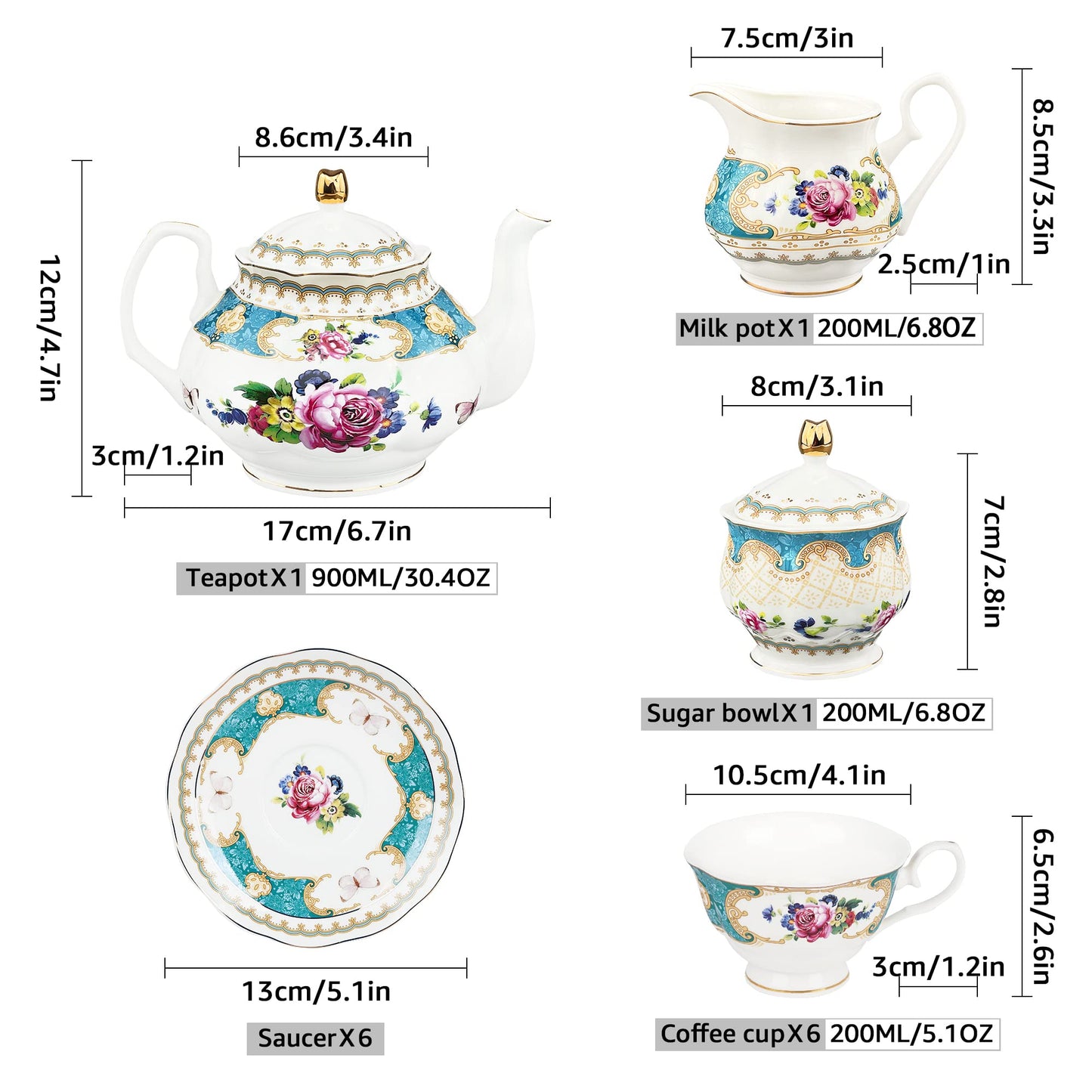 fanquare 21 Piece Floral Porcelain Tea Set, British Tea Cup and Saucer Set for 6, Tea Party Set for Women, Blue Roses