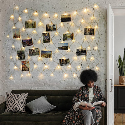 Hiboom Christmas Fairy Lights with Clips, Net Photo Clips String Lights, LED Hanging Photo Display, 8 Modes Battery Operated Christmas Lights for Home Wall Decoration, Warm White(3.3 x 3.3 ft)