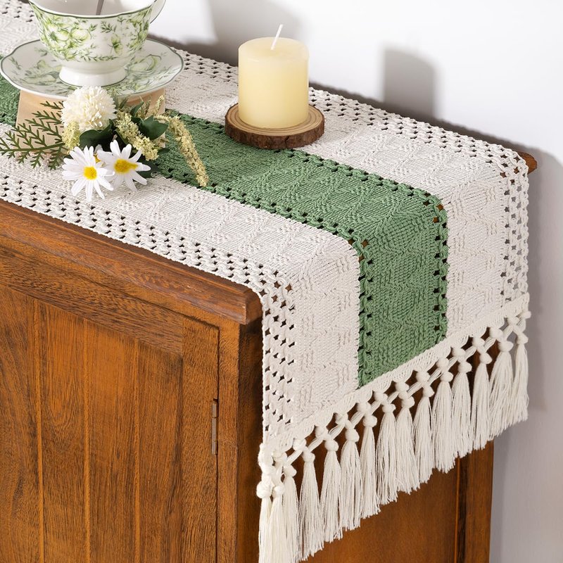 Socomi Boho Table Runner Summer Farmhouse Rustic Dining Kitchen Small Macrame Woven Cotton Linen Coffee Table Runner for Dresser Scarf Home Decor 12x36 inch Sage Green Ivory