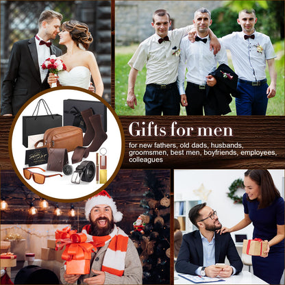 Geyoga 12 Pcs Men Father's Day Birthdays Gift Set with Box for Men Dad Basket PU Leather Wallet Leather Toiletry Bag Tie Socks Belt Keychain Sunglasses Pen Compass Set(Brown)