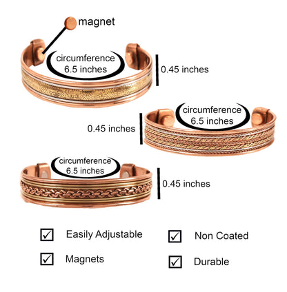 Touchstone copper bracelets | gift for men women |adjustable 100% pure solid real magnetic jewelry | handmade bracelet set combo | rope braided tibetan bangles. Set of 3 different designs