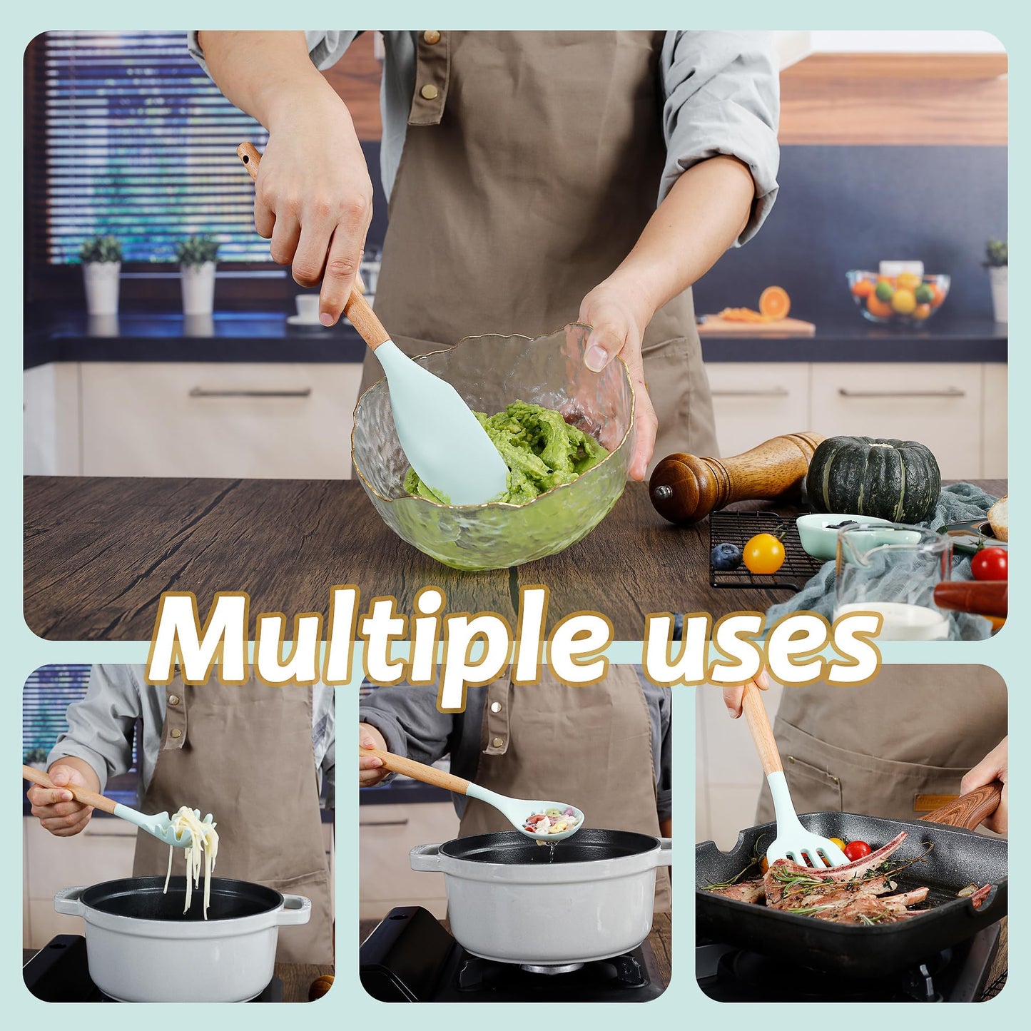 QMVESS Silicone Kitchen Utensils Set, 35 Pcs Non-Stick Cooking Utensils Set, Sturdy Insulation Wooden Handle Kitchen Accessories for Cooking with Spatula Set and Spoons Set Gadgets (Light Green)