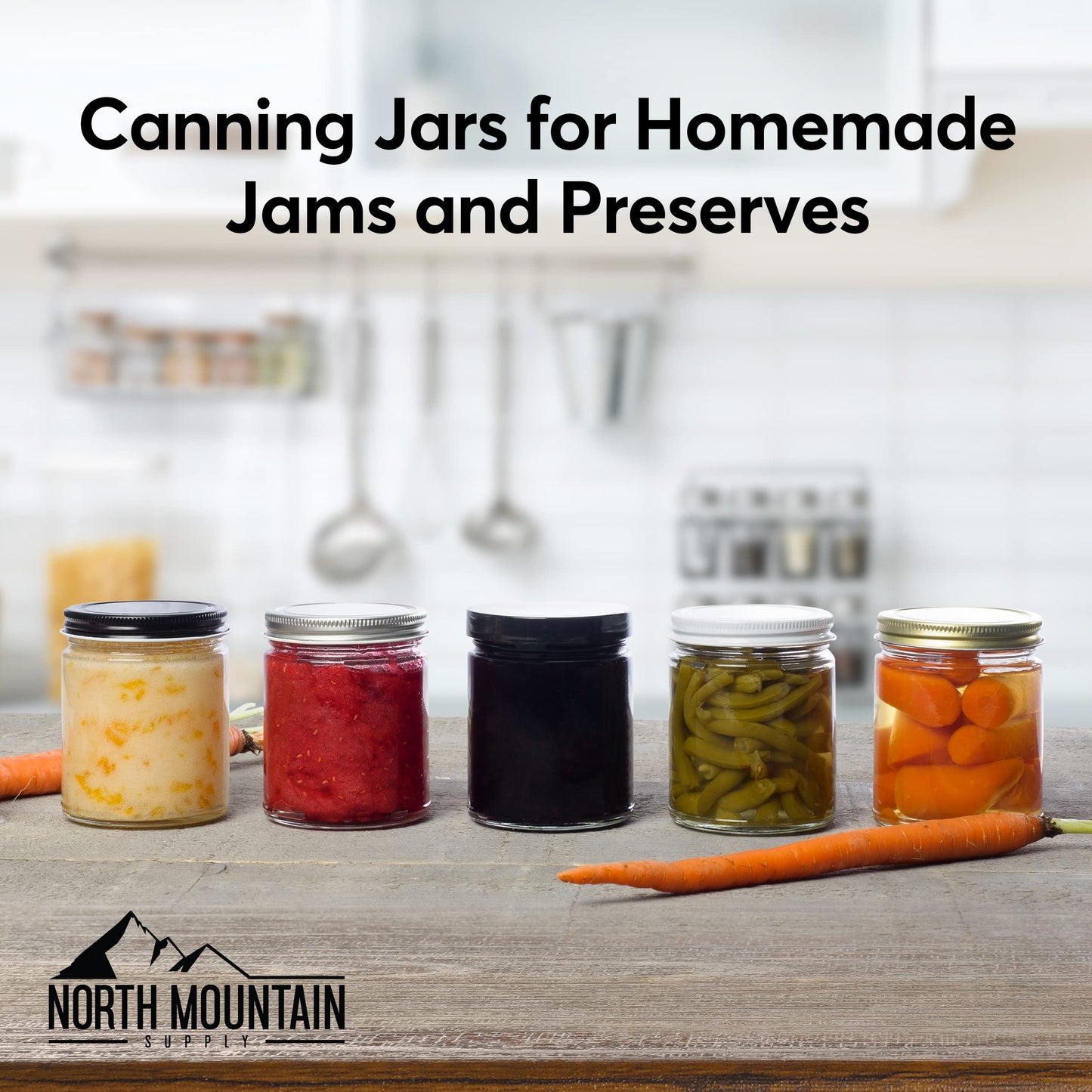 North Mountain Supply 9 Ounce Clear Glass Straight Sided Mason Canning Jars- With 70mm Black Plastic Lids - Case of 12