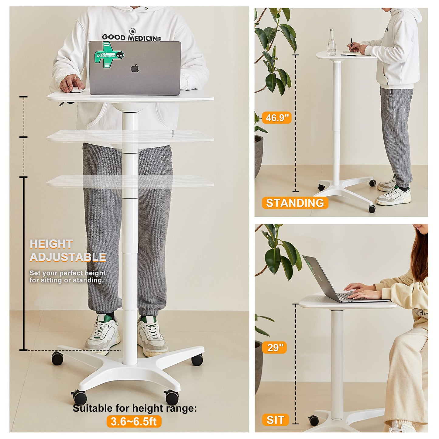 HAOOAH 47" Mobile Standing Desk(26" W*19.3" D), Adjustable Height Laptop Desk, Pneumatic Desk with Gas Spring Riser, Podium for Home, Office，Classroom，Medical, (29" to 46.9" H) (White)