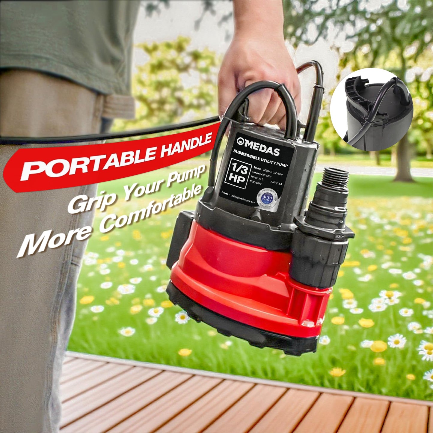 MEDAS Automatic Submersible Pump 1/3HP 2450GPH Sump Pump, Auto On/Off with Smart Sensor, Drains to 0.04", Portable Utility Water Pump for Basement, Pool, Garden Pond