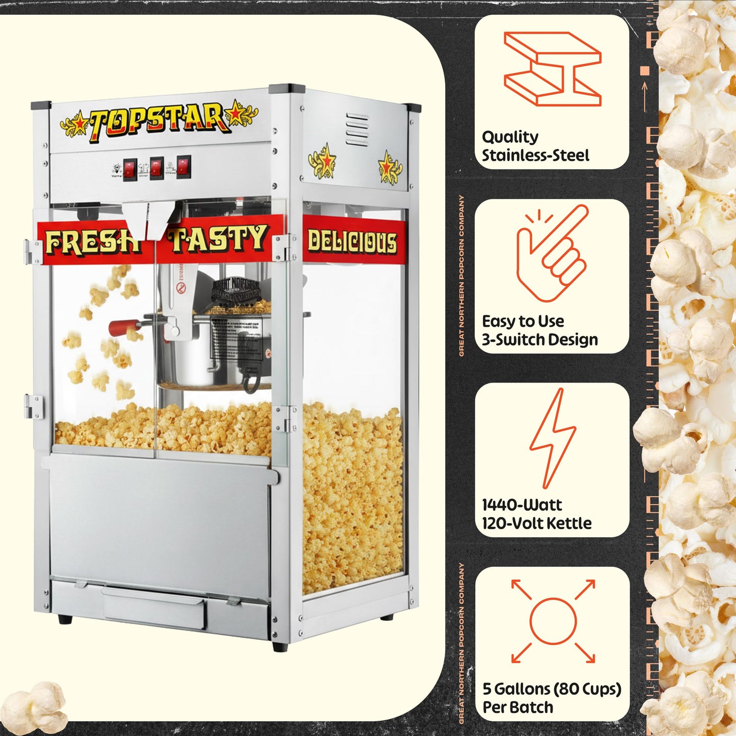 Top Star Popcorn Machine - 12oz Stainless-Steel Kettle, Reject Kernel Tray, Warming Light, and Accessories by Great Northern Popcorn (Red and Yellow)