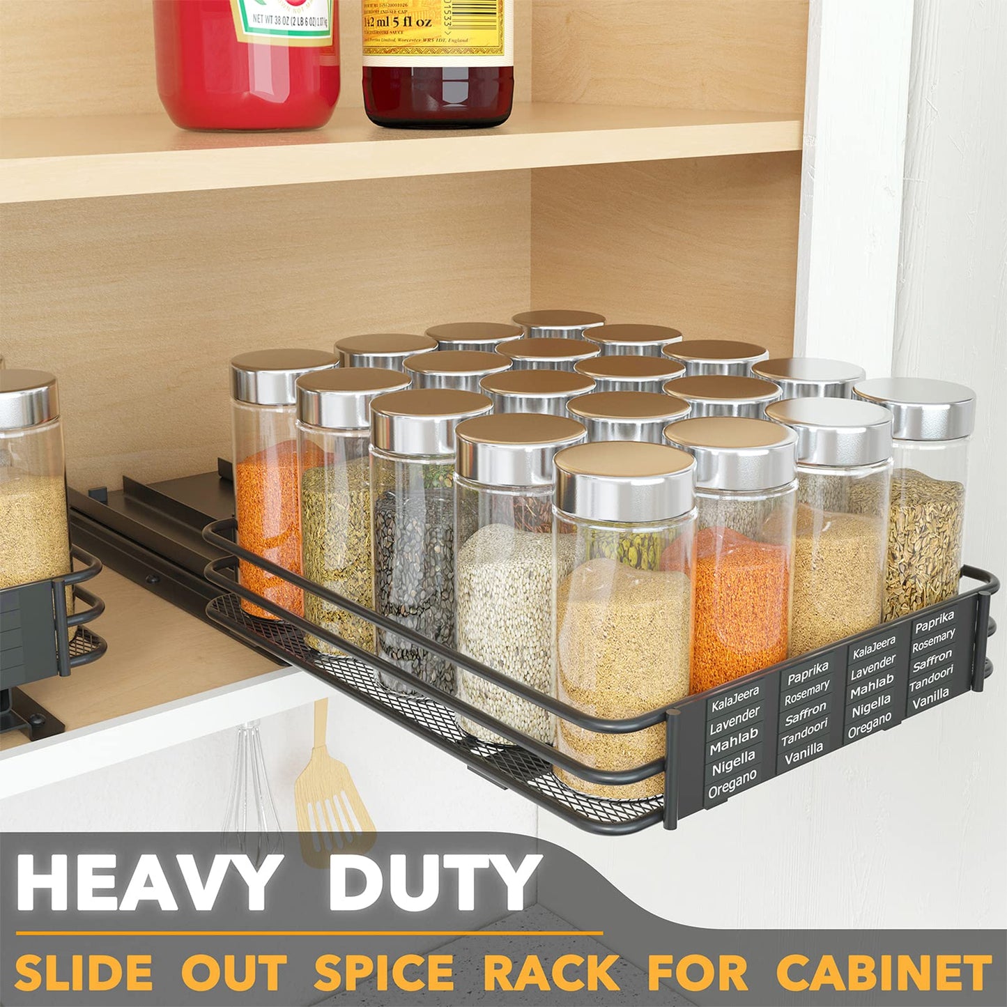 SpaceAid Pull Out Spice Rack Organizer for Cabinet, Heavy Duty Slide Out Seasoning Kitchen Organizer, Cabinet Organizer, with Labels, 4.5" W x10.75 D x8.5 H, 1 Drawer 2-Tier