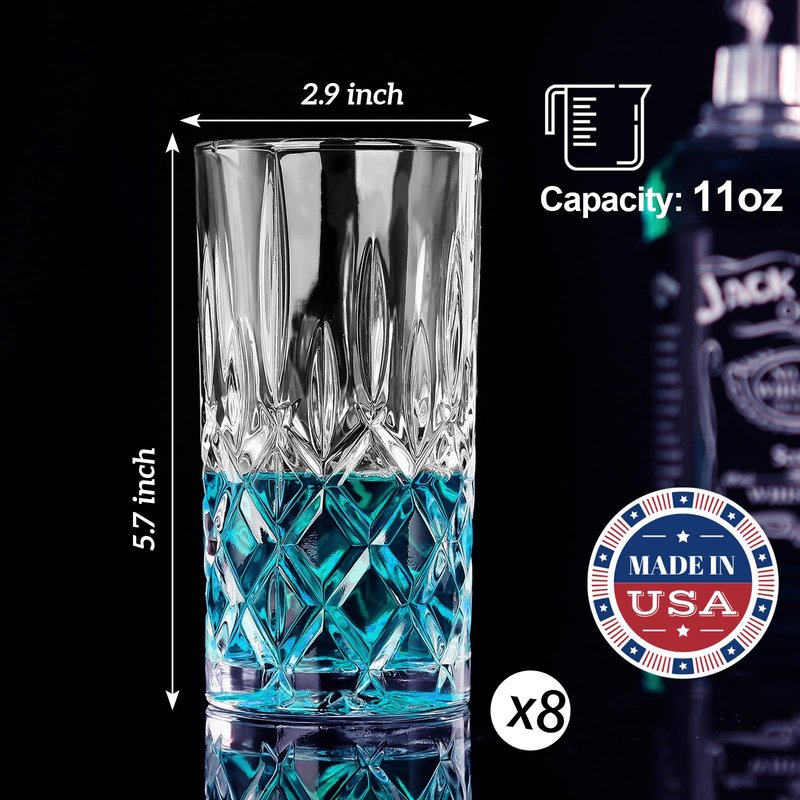Claplante Crystal Highball Glasses, Set of 8 Glass Drinking Glasses, 11 oz Durable Drinkware Cups for Cocktails, Water, Juice, Beer, Wine-Special Edition Glassware Set, Dishware, Dishwasher Safe