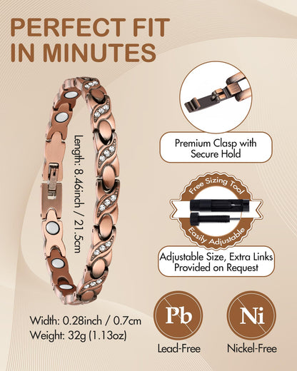 Feraco Pure Copper Bracelets for Women, Ultra Strength Magnetic Bracelet with 3500 Gauss Magnets & Sparkling Cubic Zirconia, Adjustable, Infinite Symbol