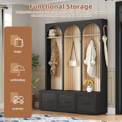 Ball & Cast Farmhouse Hall Tree with Bench, 59" Entryway Storage Bench with Arched Design, 8 Metal Hooks, 3 Drawers Shoe Organizer, Wooden Style Coat Rack for Living Room, Black