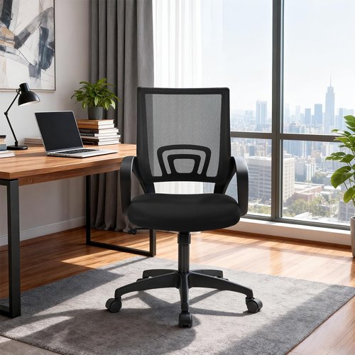 BestOffice Ergonomic Office Chair - Mid-Back Swivel Desk Chair with Breathable Backrest & Lumbar Support | Adjustable Height & Rolling Wheels | Dark Black for Adults & Women