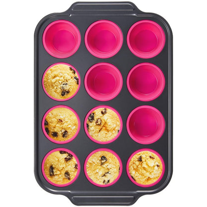BRONYPRO Silicone Muffin Pans for Baking with Metal Frame, Egg Bite Molds, Cupcake Pans 12 Regular Size, Muffin Tins Easy to Pop Nonstick Non Toxic Bakeware for Oven,Rose Pink