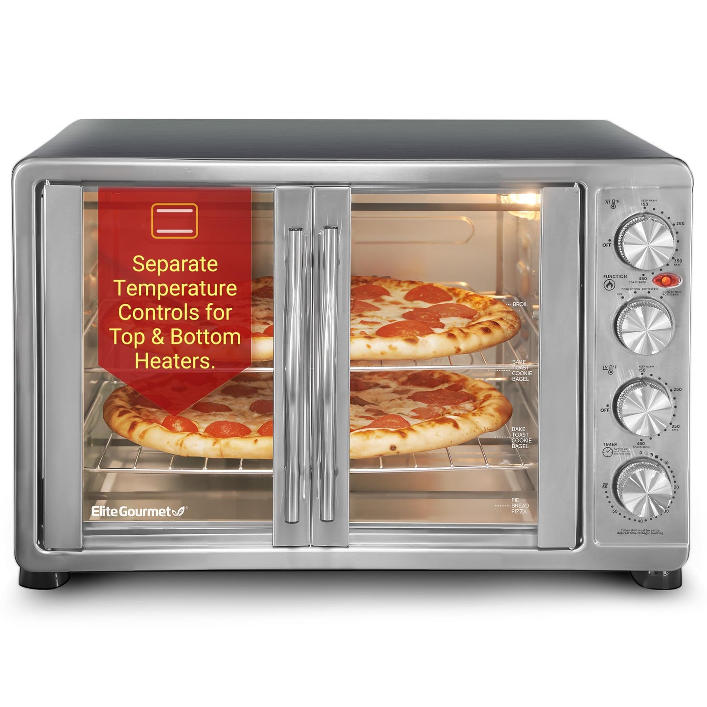 Elite Gourmet ETO4510B# French Door 47.5Qt, 18-Slice Convection Oven 4-Control Knobs, Bake Broil Toast Rotisserie Keep Warm, Includes 2 x 12" Pizza Racks, Stainless Steel