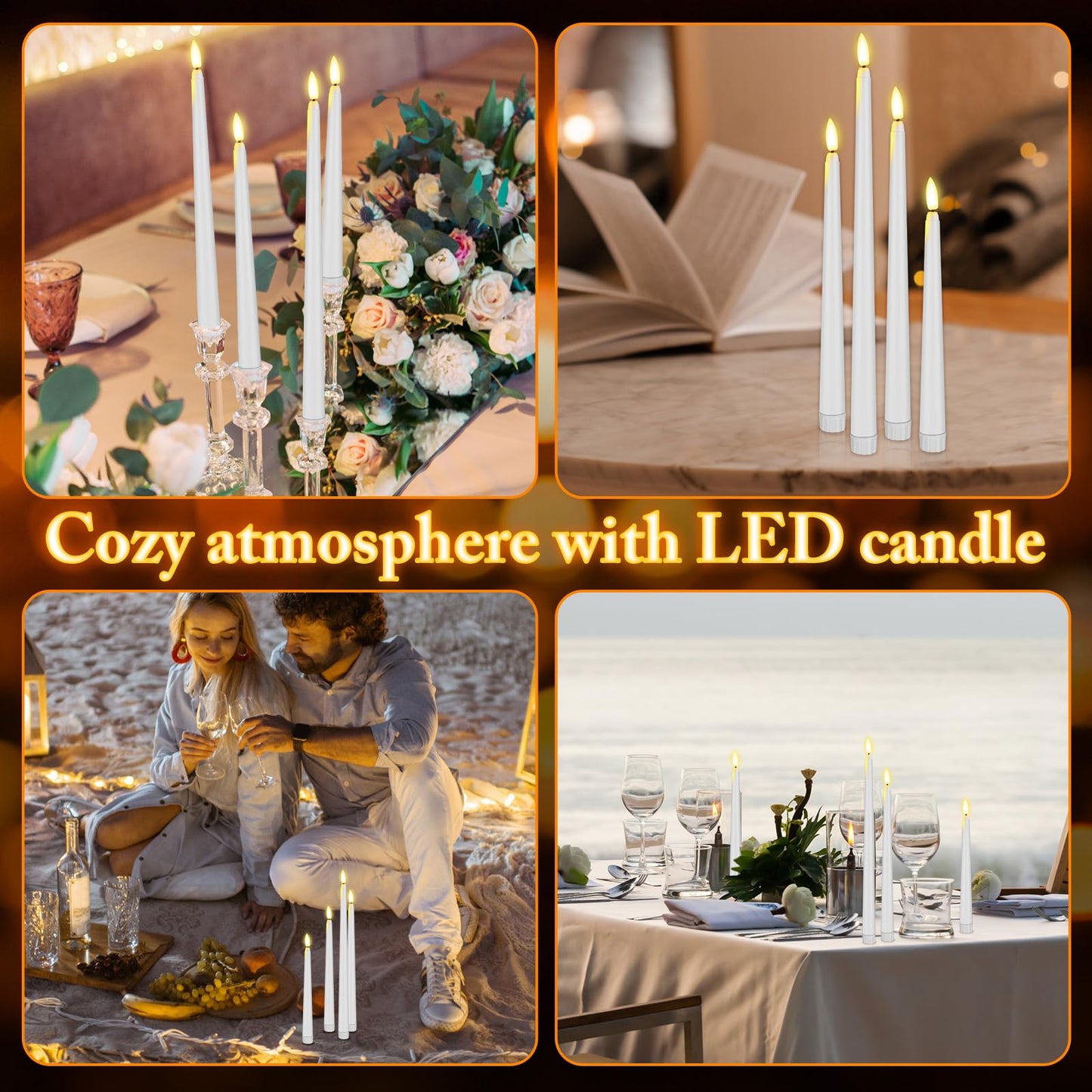 Rossesay 24 Pcs Flameless LED Taper Candles Battery Operated Candle 8.5", 9.65", 10.8", 12.8" Flameless Candlesticks Flickering for Christmas Church Wedding Indoor Decoration(Classic, White)