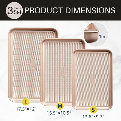 3Pcs Nonstick Baking Sheet Pan Set by [Brand Name] - Heavy Duty Carbon Steel | Gold Jelly Roll Pans