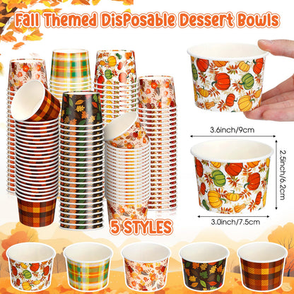 Uiifan 50 Pcs Fall Snack Cups 8 oz Disposable Pumpkin Bowls Maple Leave Plaid Thanksgiving Cups Disposable Dessert Fall Party Bowls for Ice Cream Soup Hot Cold Food Party Supplies 5 Styles