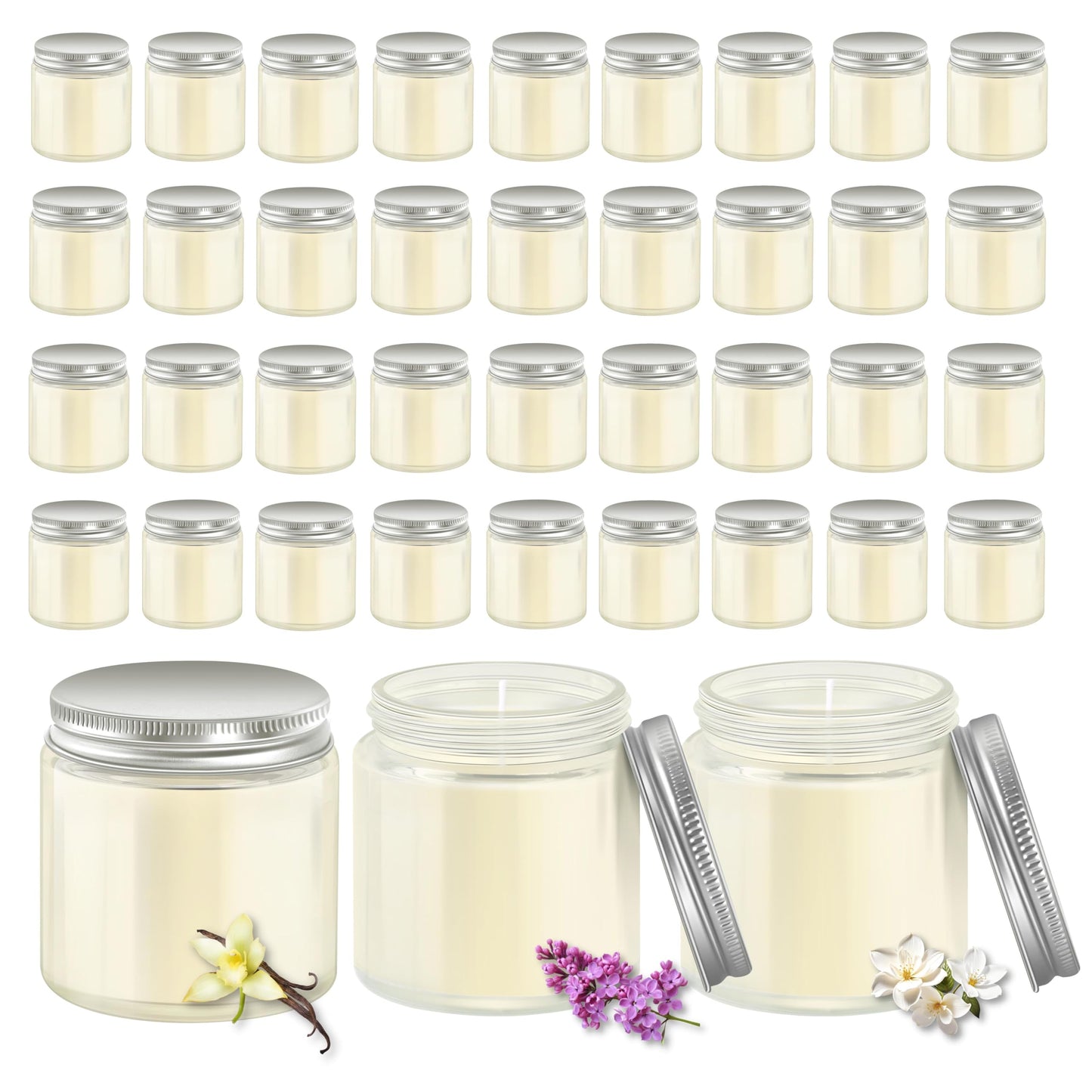 ACITHGL 36 Pcs 4oz Mini Mason Jar Candles Small Scented Candles Bulk Aromatherapy Ideal Souvenir Favors for Wedding Birthday Party (Vanilla, Lilac, Gardenia, Silver)