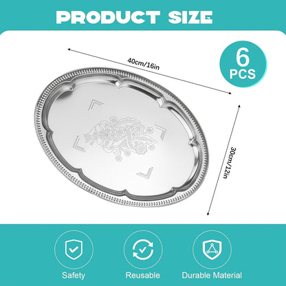 6-Pack Large Silver Serving Trays (16" x 12") – Oval Floral Engraved Serving Platters for Parties, Weddings, Birthdays, Festive Occasions – Mirror Trays for Appetizers, Charcuterie, Cookies, Desserts