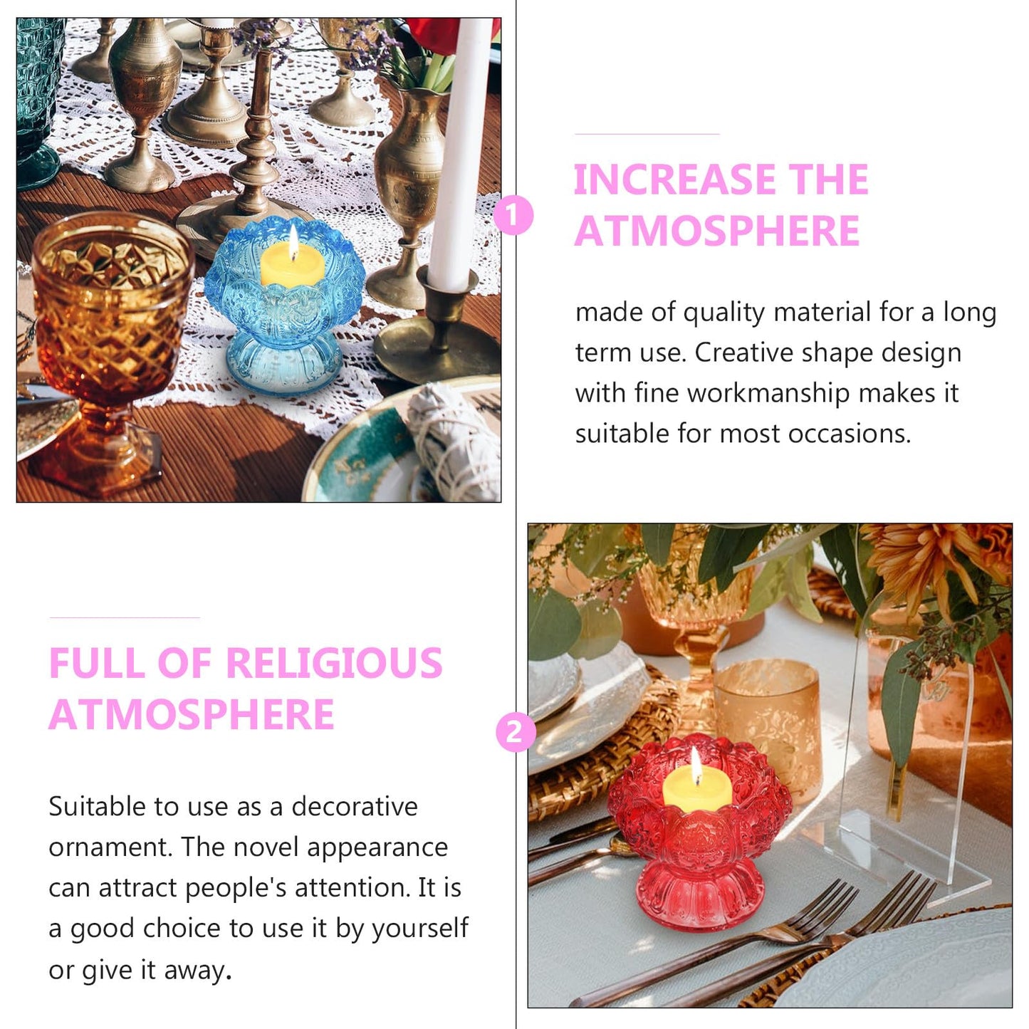 Alipis 3pcs High Base Glass Candleholders Set, Religious Butter Lamp Candle Holders with Blue, Red, and Pink Small Crystal Glass Tealight Stands for Home Décor and Spiritual Use
