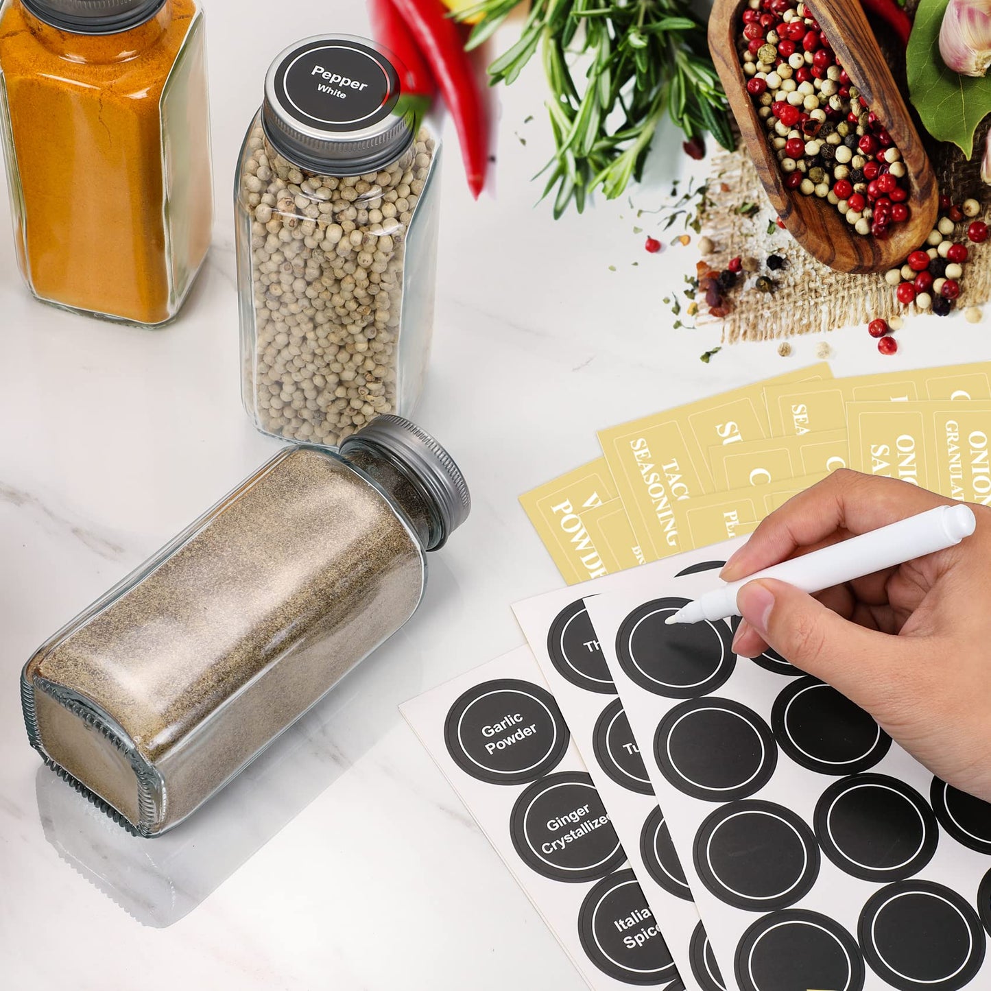 AOZITA 14 Pcs Glass Spice Jars with Spice Labels - 4oz Empty Square Spice Bottles - Shaker Lids and Airtight Metal Caps - Chalk Marker and Silicone Collapsible Funnel Included