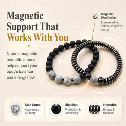 WestLuna Magnetic Bracelets for Women, Magnetic Hematite Bracelet with Black Obsidian, Map Stone. Healing Stone Bracelets for Women Men Lymph Drainage Slimming Energy Bracelet Set (Mapstone, Medium)