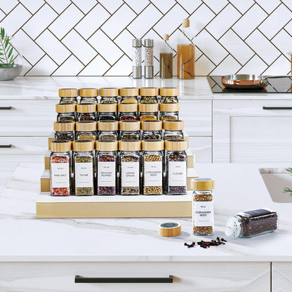 Spice Jars, 24 Pcs 4oz Seasoning Jars with Label, Glass Jars with Bamboo Lids, Spice Containers Bottles with Pepper Grinder & Stainless Steel Funnel for Seasoning Organizer, Cabinet, Drawer