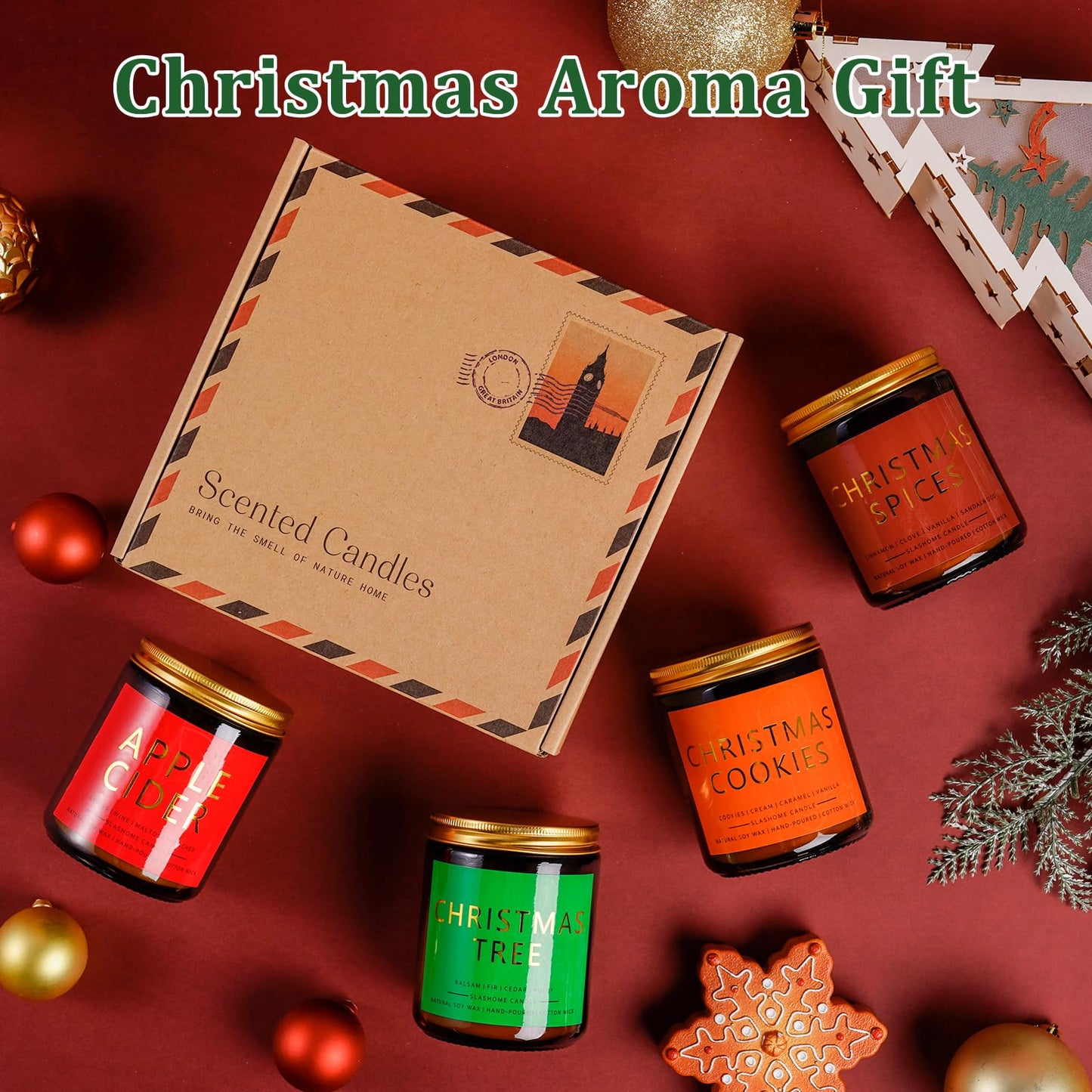 Christmas Candle Gift Set, 4 Pack 7 oz Soy Scented Candles for Home, Holiday & Birthday Gift for Women & Men, Includes Christmas Tree, Cookies, Spices & Apple Cider, Winter Holiday Home Decor