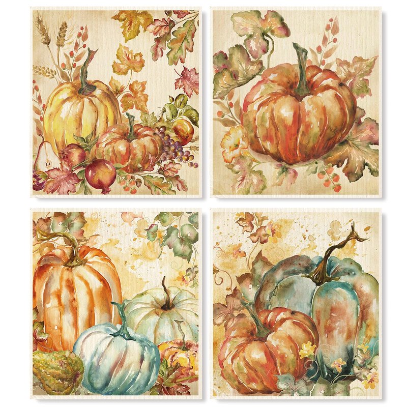 JarThenaAMCS 4Pcs Fall Swedish Kitchen Dishcloth Watercolor Pumpkin Cotton Kitchen Towel Absorbent Dish Towel for Autumn Thanksgiving Home Party Housewarming Cleaning, 7 x 8 Inch
