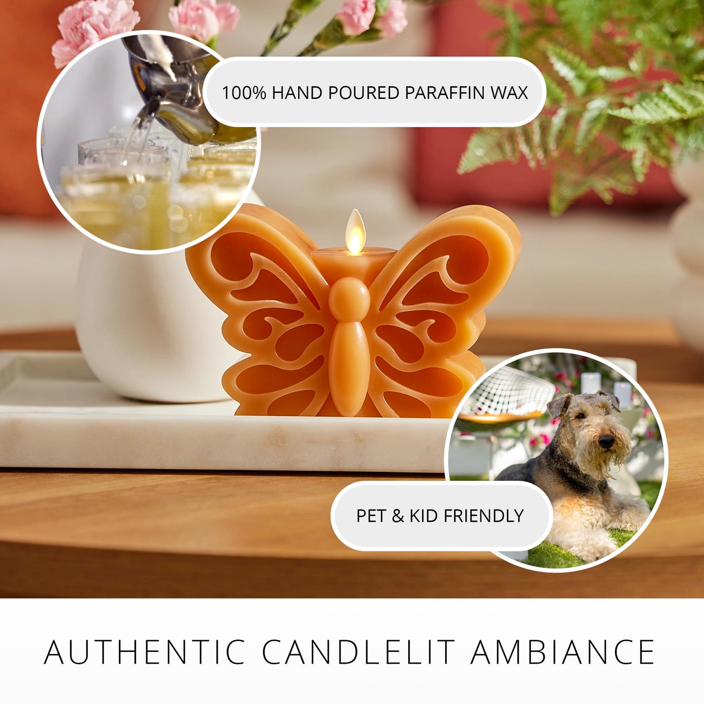 Luminara - Flameless Flickering Moving Flame Nature-Inspired Battery Operated LED Décor - Spring Summer Collection - Sunlit Honey Butterfly Garden Candle - 6.6” x 4.3”