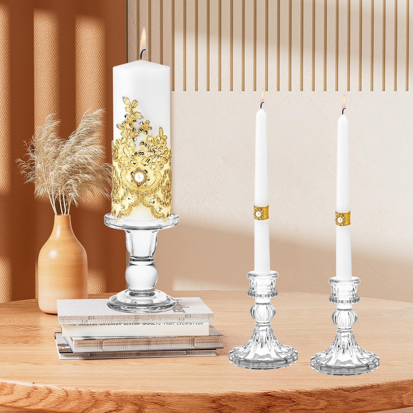 Unity Candle Holder - Glass Candle Holders for Pillar Candles Taper Candles, Glass Candlestick Holders Set of 3, Decorative Clear Glass Candlestick Holder for Wedding Table Dinning Church Centerpiece