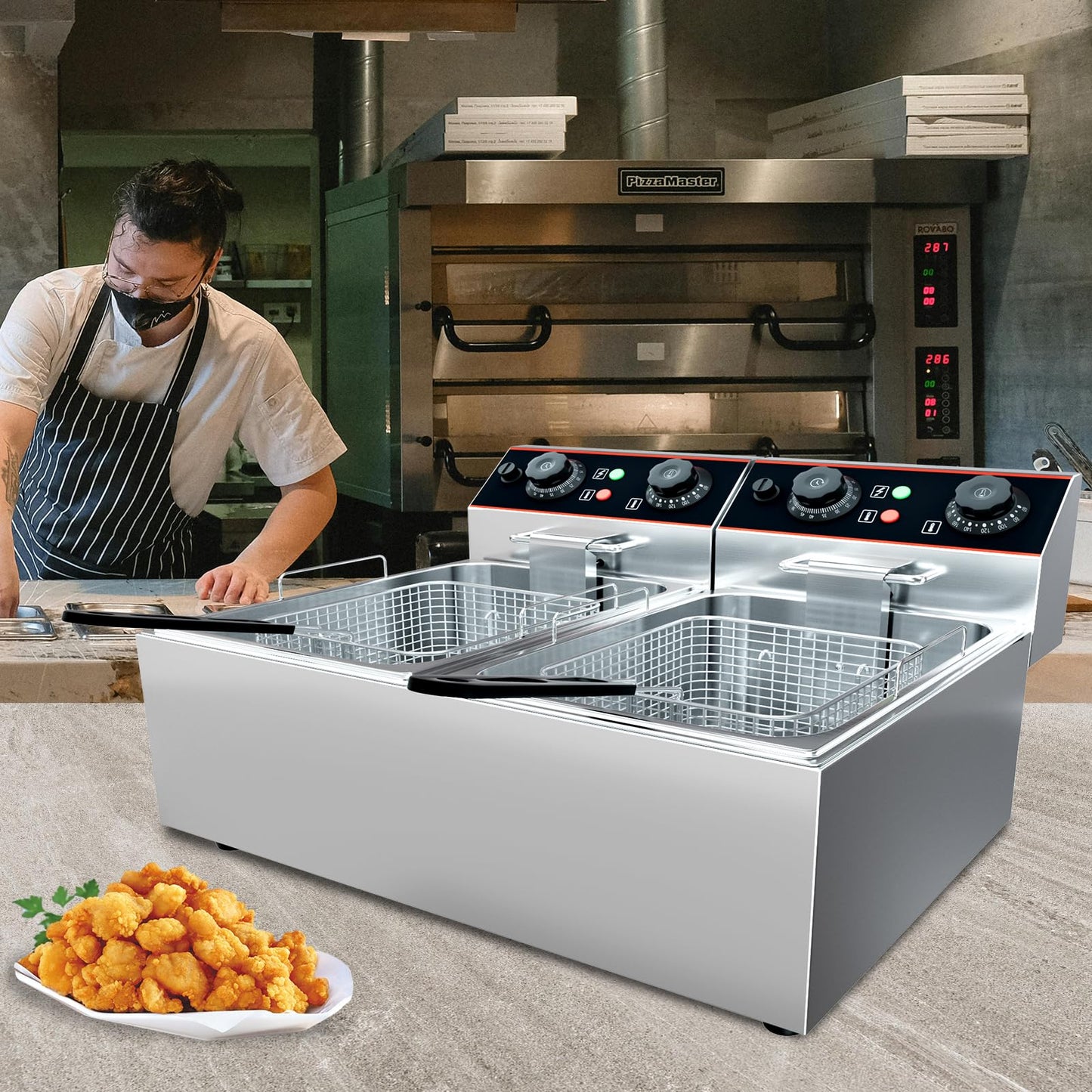 Garvee Dual-Tank Commercial Deep Fryer, 2 x 11.6 QT Stainless Steel Countertop Fryer Machine with Baskets and Lids, 3000W Oil Fryer with Temperature Control for Home and Restaurant Use