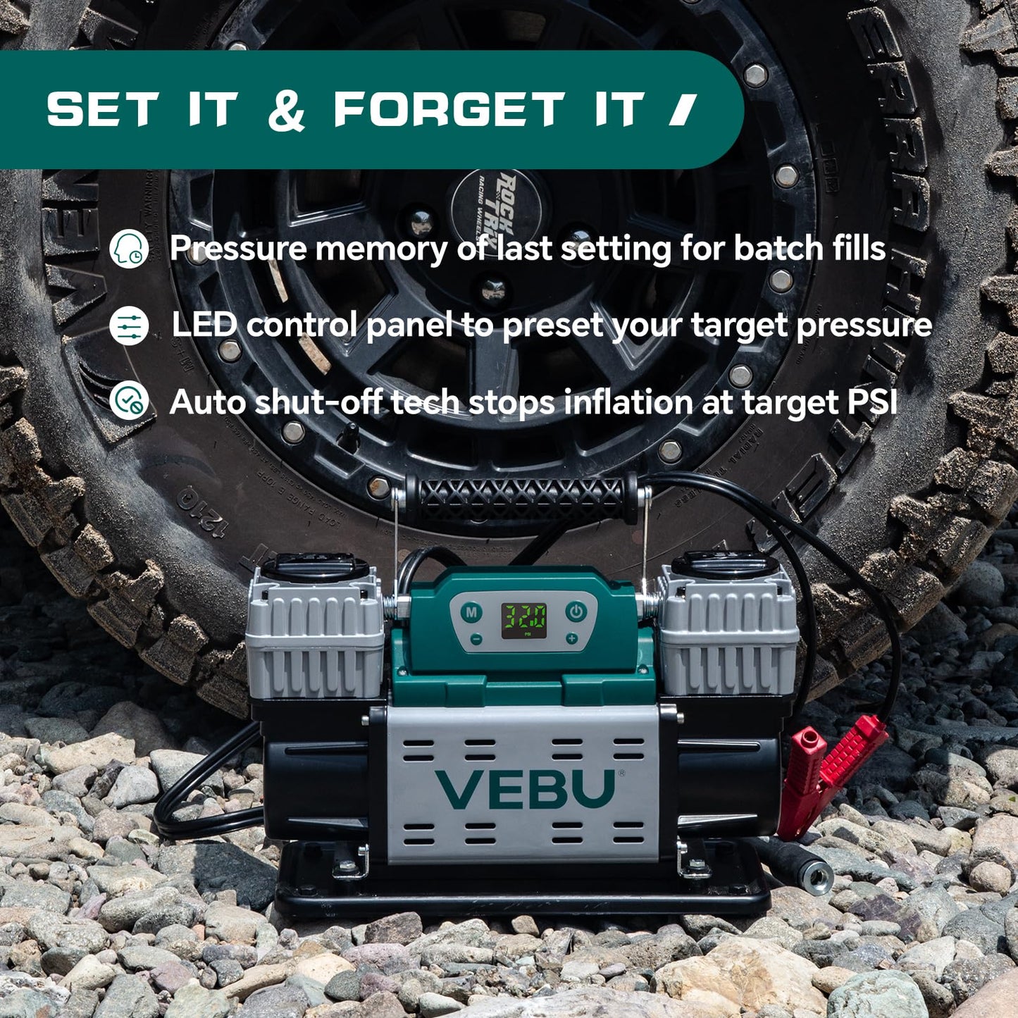 VEBU ‌Off-road Air Compressor 12V Tire Inflator, 150PSI with Auto Shut Off, Digital Display & Preset, 10.6CFM Fast Inflation for Off-road Vehicles, Trucks, SUVs, RVs, ATVs