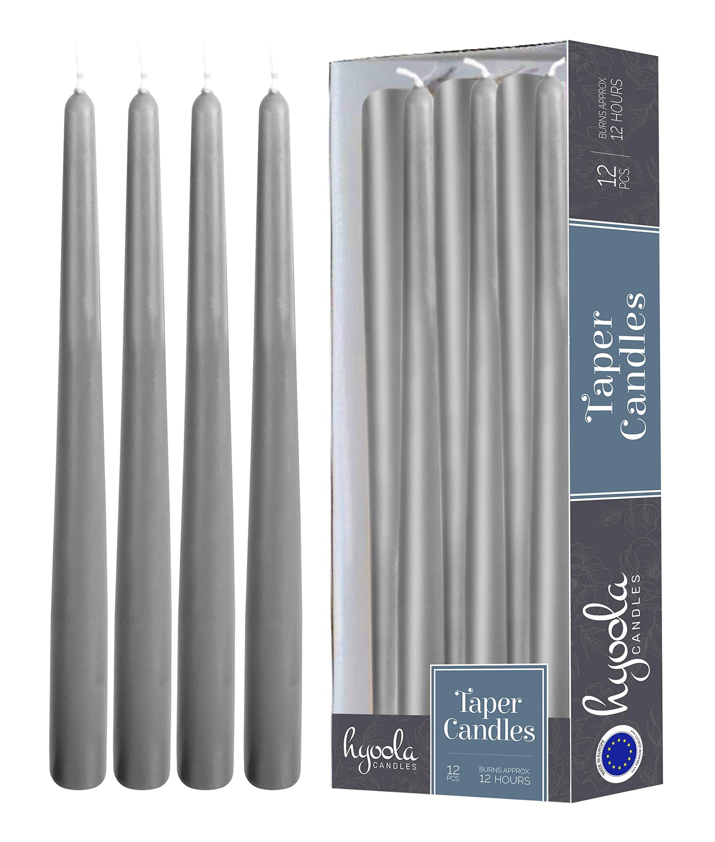 Hyoola Tall Taper Candles - 14 Inch Dark Grey Dripless, Unscented Dinner Candle - Paraffin Wax with Cotton Wicks - 12 Hour Burn Time (Pack of 12)