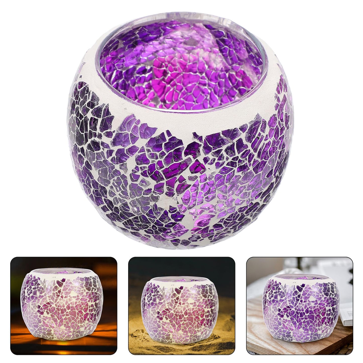 GANAZONO European Style Mosaic Glass Candleholder, Purple Tealight Candlestick for Romantic Dinner Table Decor, Home Ornament and Restaurant Centerpiece