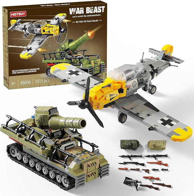 WW2 Military Toys Building Sets Compatible with Lego Create a BF109 Plane Fighter Jet &amp a Karl Giant Mortar Tank Great WWII Army Airplane Toy for Boys and Kids Age 8-12