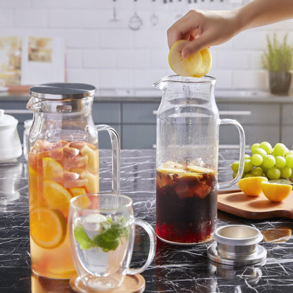 Bivvclaz 1.6 Liter 54 oz Glass Pitcher with Lid and Handle, Glass Carafe Water Pitcher for Hot/Cold Water, Iced Tea, Drinks, Coffee, Juice and Homemade Beverage