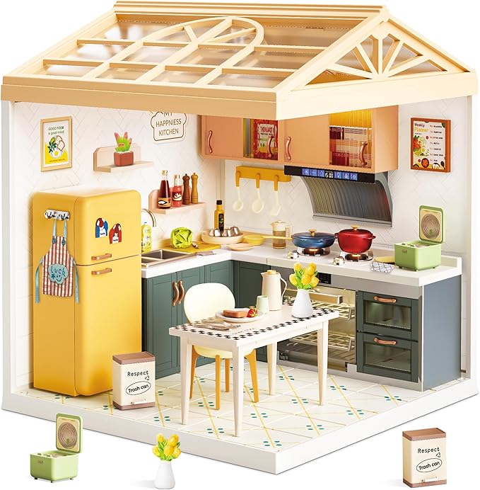 DIY Miniature Kitchen Dollhouse Kit with LED Light Dust-Proof Door &amp Roof - Cozy Home Cooking Room Creative Building Set for Adults &amp Teens - Immersive Craft Kit for Handmade Decor &amp Gift
